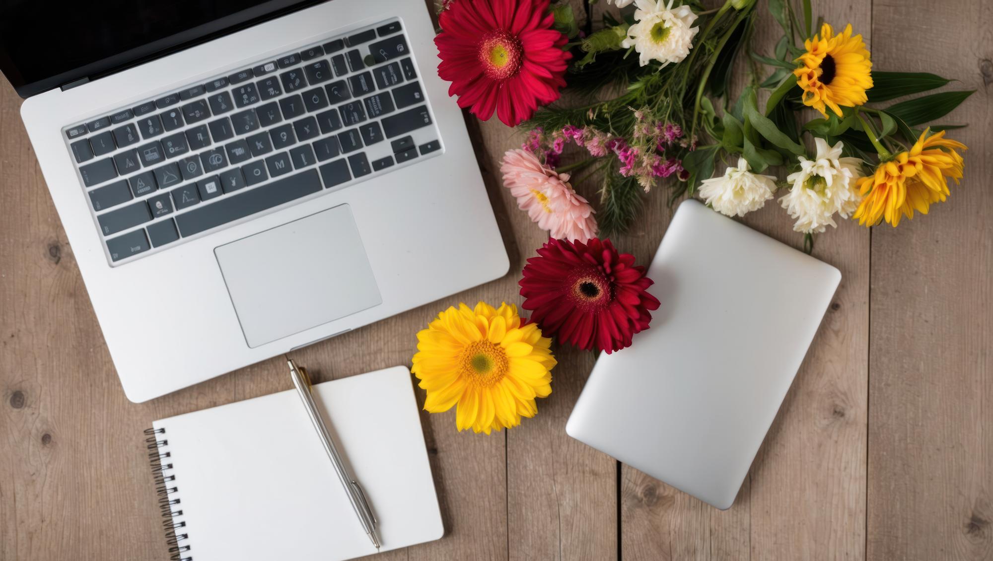 A bright workspace with a laptop and fresh spring flowers symbolizing renewal and growth
