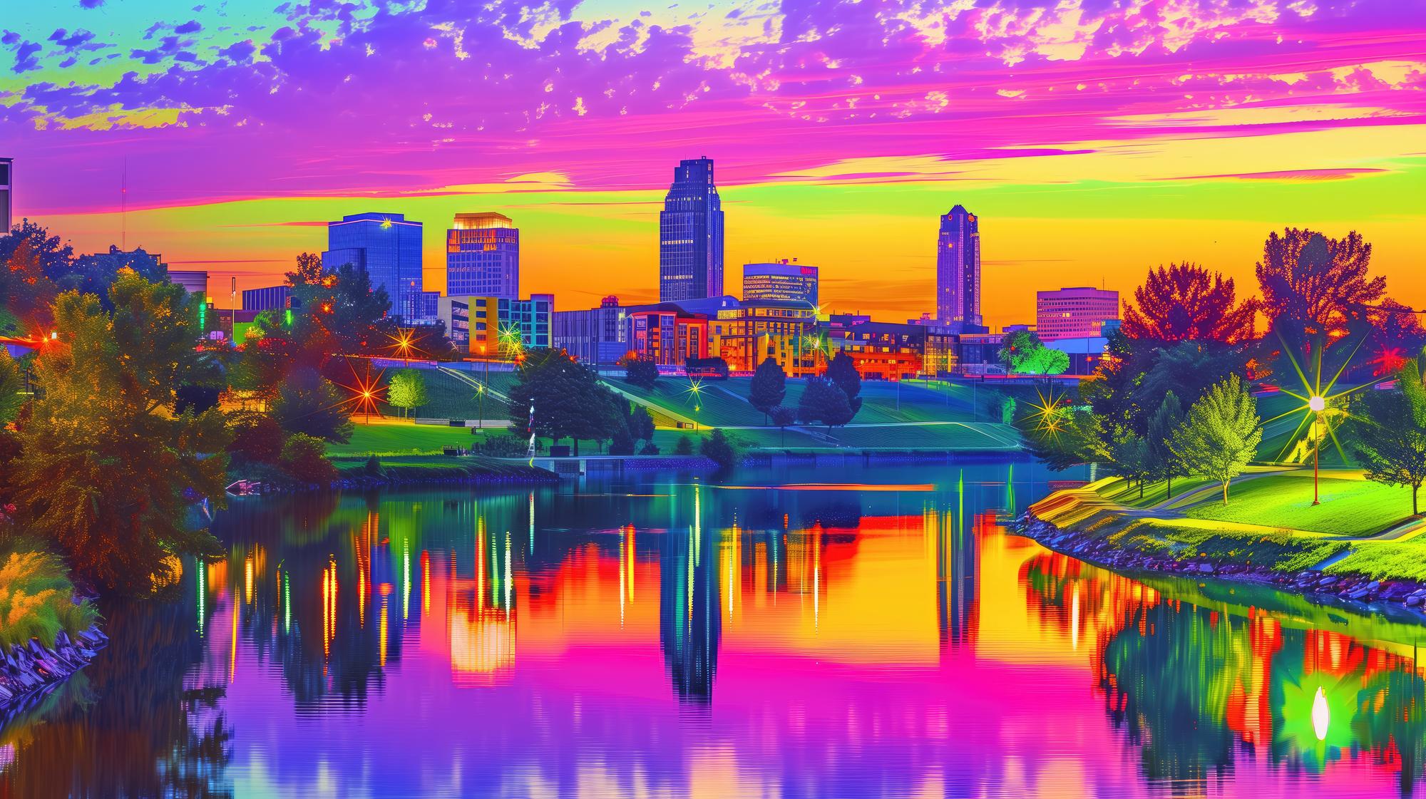 Sunlit downtown Omaha skyline with summer blue sky