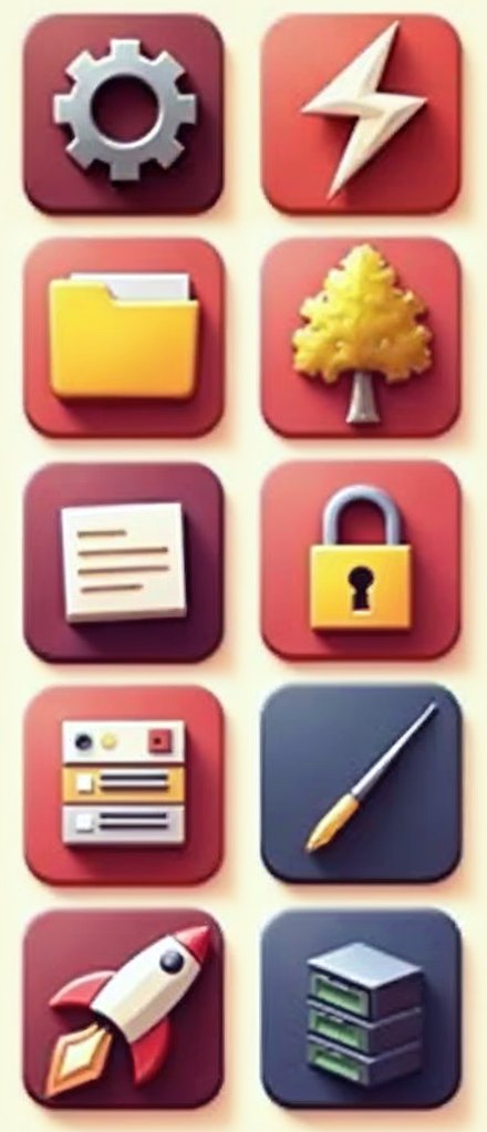 A grid of colorful icons for hand-built sites: code brackets, speed, folders, security and launch